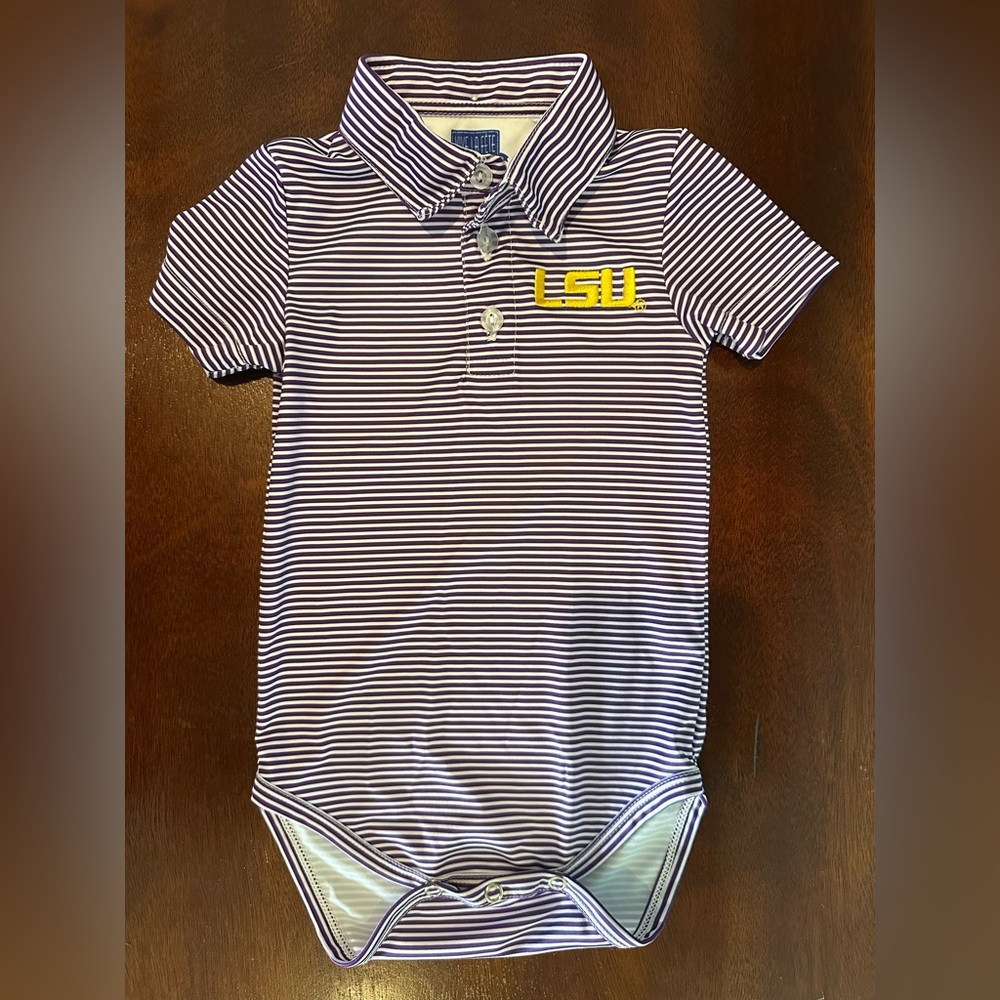 Purple Striped LSU Baby Polo Onesie